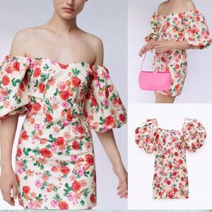 Zara Red and Pink Ruffled Cold-Shoulder Mini Dress